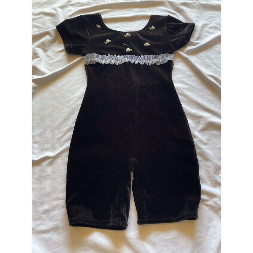 JACQUES MORET Designer Leotard Girls L 10/12 Black Velvet Roses Shorts 80s